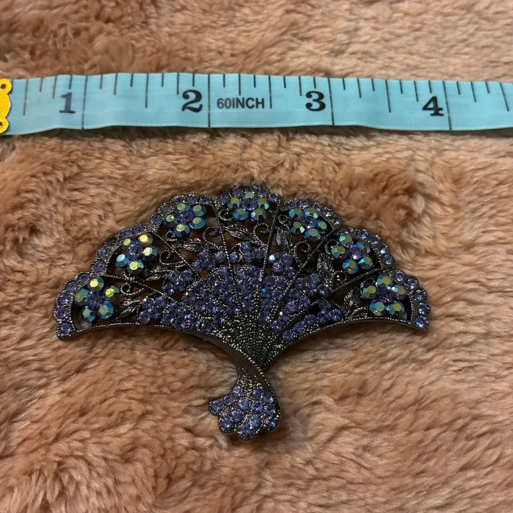 Vintage Kirks Folly Signed Folding‎ Fan Brooch Pin Lavender AB Rhinestones Black